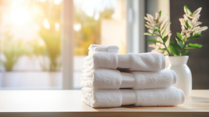 Blurred bathroom interior background and white spa towels on wood, Blurry background, template, Bokeh, Copy Space, Generative AI