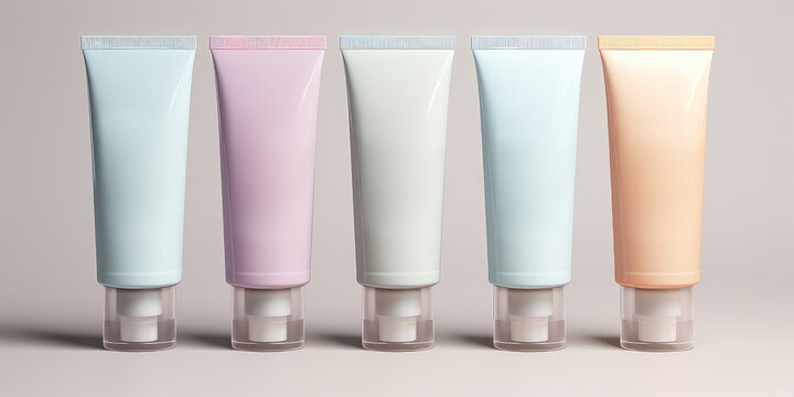 Clear plastic tubes of cosmetic cream in a pastel color palette isolated on a pastel background. Mockup cream product design with copy space. Generative AI 3d render illustration imitation.