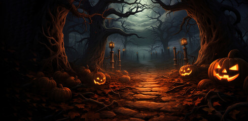 Grinning pumpkin in spooky forest for a halloween celebration, Jack o Lantern scary grin in a dark night.  Cemetery is hidden in the background for horror. Generative AI.