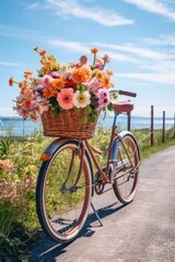 Fototapeta na wymiar a bicycle with a basket of fresh flowers on a sunny day, created with generative ai