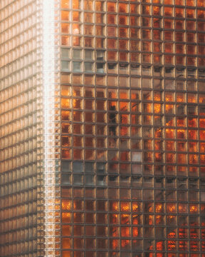 View of the Maison Hermès Store windows hit by sunlight, Ginza, Tokyo, Japan.