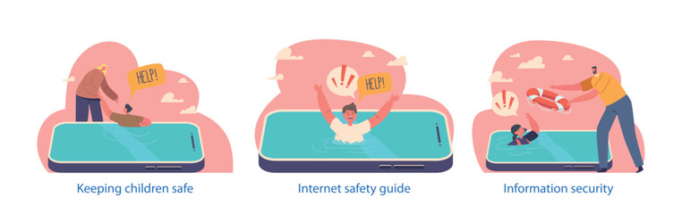 Isolated Elements With Information Security Of Kids Scenes. Parents Saving Children Drowning In Smartphone Screen