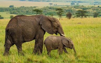 A mother african elephant with her young calf, Maasai Mara Reserve Kenya - obrazy, fototapety, plakaty