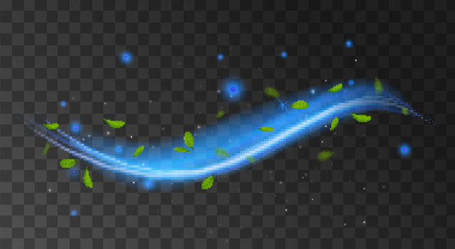Fresh air flow wind clean breath spiral blue 3d background. Cool air fresh leaf swirl menthol realistic wind.