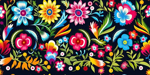 Fototapeta na wymiar Fiesta of Colors: Mexican Flower Traditional Pattern Background Mexican Embroidery Generative Ai Digital Illustration