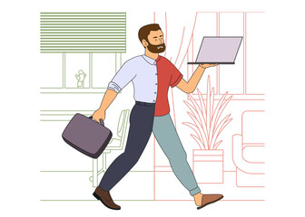 A business man at a hybrid work, in hybrid clothes, a formal suit and home clothes with a laptop in his hands against the backdrop of a working office and a homely cozy atmosphere. Vector - obrazy, fototapety, plakaty