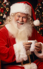 Happy and smiling Santa Claus drink a mug of cappuccino