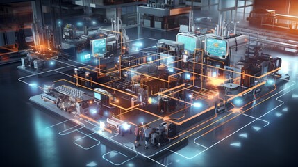 The Internet of Things IoT in manufacturing. Integration of connected devices to optimize production, maintenance, inventory, and other factory operations in the new era of Industry 4.0 Generative AI - obrazy, fototapety, plakaty