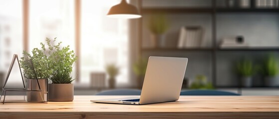 Fototapeta premium Professional workspace with laptop, desk, and shelves in home office interior design blur background