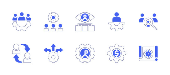 Business management icon set. Duotone style line stroke and bold. Vector illustration. Containing teamwork, onboarding, consultant, manager, search, exchange, decision making, goal, business, scheme.