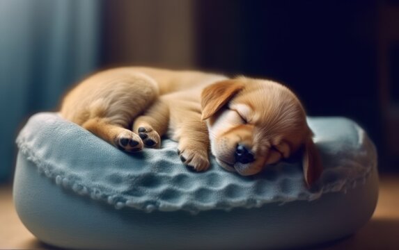 A cute dog sleeping on a soft cushion. AI Generative