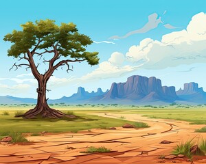 A solitary desert tree, bordered by distant mountains. (Generative AI)