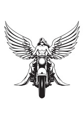 female angel with wings rides a motorcycle,black and white color motorcycle tattoos,motorcycle stickers,eps vector illustration,
