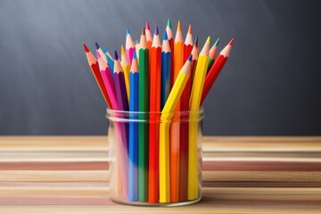 Obraz premium colored pencils on a wooden surface or table on a blurred background, Generative AI