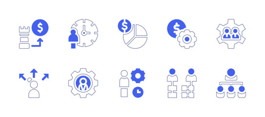 Business management icon set. Duotone style line stroke and bold. Vector illustration. Containing investment, efficiency, money management, team, decision making, leader, management, subordination.