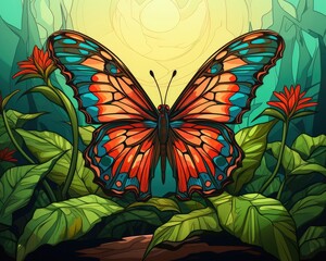A vibrant butterfly perches on a lush green leaf. (Generative AI)
