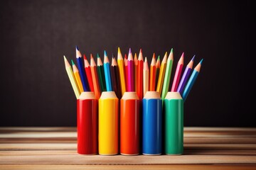 Fototapeta premium colored pencils on a wooden surface or table on a blurred background, Generative AI