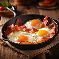 Bacon and eggs in a pan. Composition with tasty fried eggs and bacon on wooden table. AI Generative