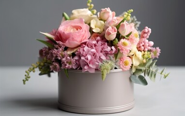 Beautiful bouquet of flowers in pink round box on a white table. AI Generative
