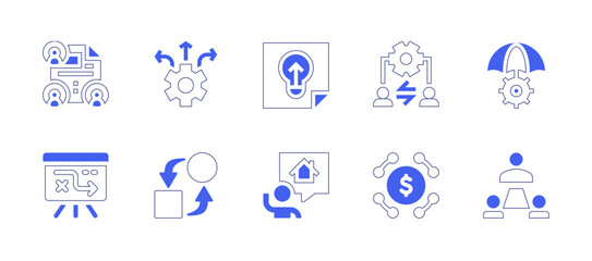 Business management icon set. Duotone style line stroke and bold. Vector illustration. Containing team work, directions, idea, hrm, risk, strategy, change, realtor, money management, management.