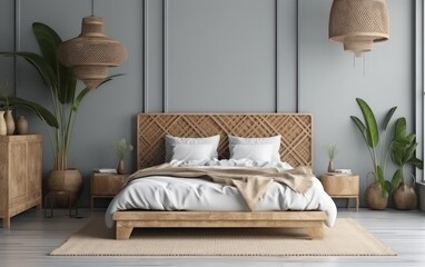 bedroom interior background with rattan furniture and blank wall, Coastal style. AI Generative