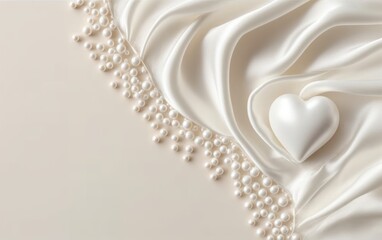 Beige white pearl wave silk fabric with heart frame card. Abstract texture. AI Generative