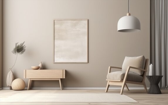 Blank Frame in contemporary minimalist beige room interior. AI Generative