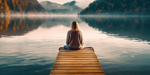 Calm morning meditation by the lake. Young woman outdoors on the pier. AI Generative