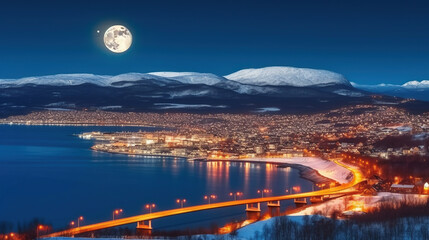 Captivating Urban Landscape of Tromso in Northern Norway Bathed in the Glow of the Full Moon. Generative AI