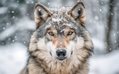 Obraz premium Close-up of wolf with snow on face in the winte. AI Generative