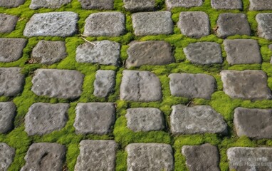 Cobblestoned pavement, green moss between brick background. Old stone pavement texture. AI Generative