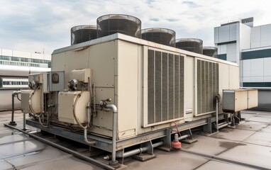 Condenser unit or compressor on roof of industrial plant building with building. AI Generative