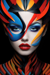 Face of a young female with creative body art. Colorful mosaic of triangles and geometry on the face of a woman, on black background.