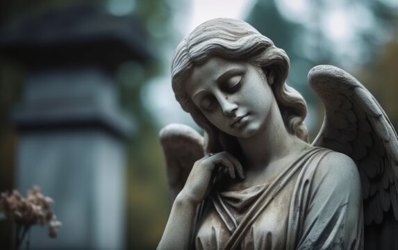 Crying holy female angel standing statue, in the background an old cemetery. AI Generative