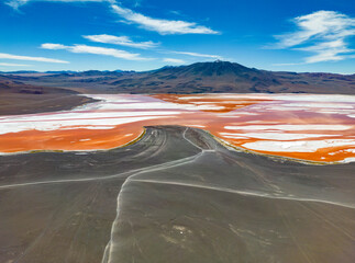 Aerial view of Laguna Colorada, famous natural sight while traveling the scenic lagoon route...
