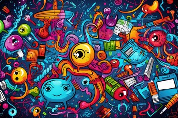 school supplies doodles on color background, Generative AI