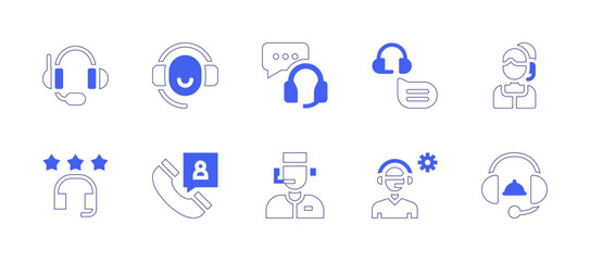 Call center icon set. Duotone style line stroke and bold. Vector illustration. Containing headphone, customer service, support services, support, call center, rating, call, telemarketer, customer.