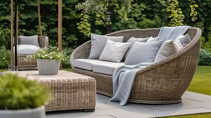Fototapeta premium Comfortable wicker garden furniture with grey pillows in beautiful backyard. Generative AI