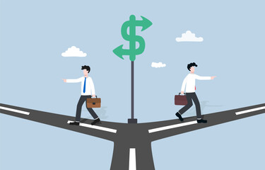 Fototapeta premium Different directions or opinions in investment, business conflict between venture capitalists concept, Two businessmen walking in different paths to make money. 