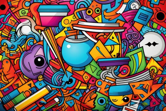 school supplies doodles on color background, Generative AI