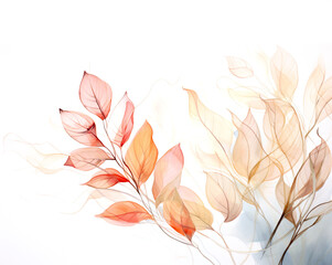 Watercolor background with abstract shape boho foliage line art drawing in golden shades. Abstract Plant Art design for print, cover, wallpaper, wall. Generative Ai content. © Nataliia