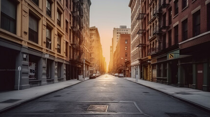 Empty street at sunset time in SoHo district, New York. Generative AI - obrazy, fototapety, plakaty