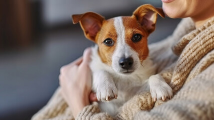 Adorable jack russell terrier pup sitting with its female owner. Generative AI