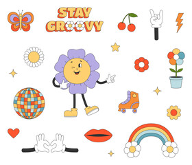 Fototapeta premium Set of cartoon elements in y2k groovy style. Flowers, roller skate, lips, rainbow. Sticker pack in trendy retro style.
