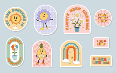 Set of groovy cartoon stickers. Flowers, sun, pineapple, rainbow. Sticker pack in trendy y2k retro style. - obrazy, fototapety, plakaty