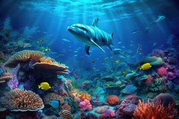 Dolphins and a reef undersea environment. electronic collage images as wallpaper, generative AI