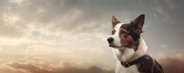 Banner with free copy space for text - cute dog on the field with sky background.