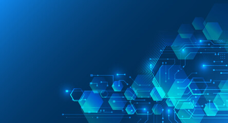 Abstract hexagons on the blue background. Hi-tech digital technology and engineering concept. Digital template with polygons for medical and science banners or presentations.