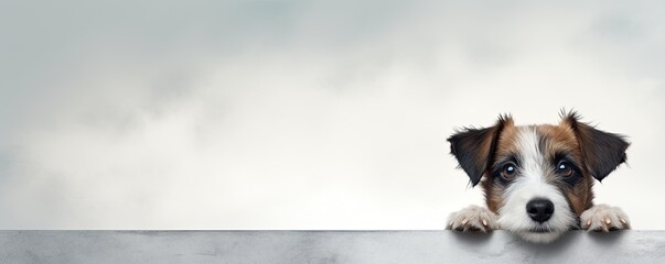 Banner with free copy space for text - cute little dog on white background.