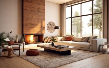 Interior of a farmhouse living room with fireplace. Light modern interior design. AI Generative